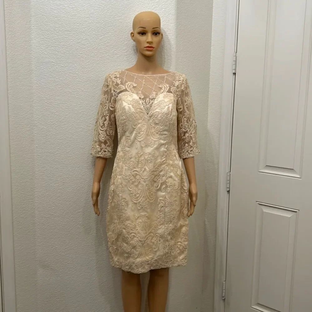 Wedding Dress Champagne Beige Boat Neck 3/4 Sleeve Corset Tie Back Midi